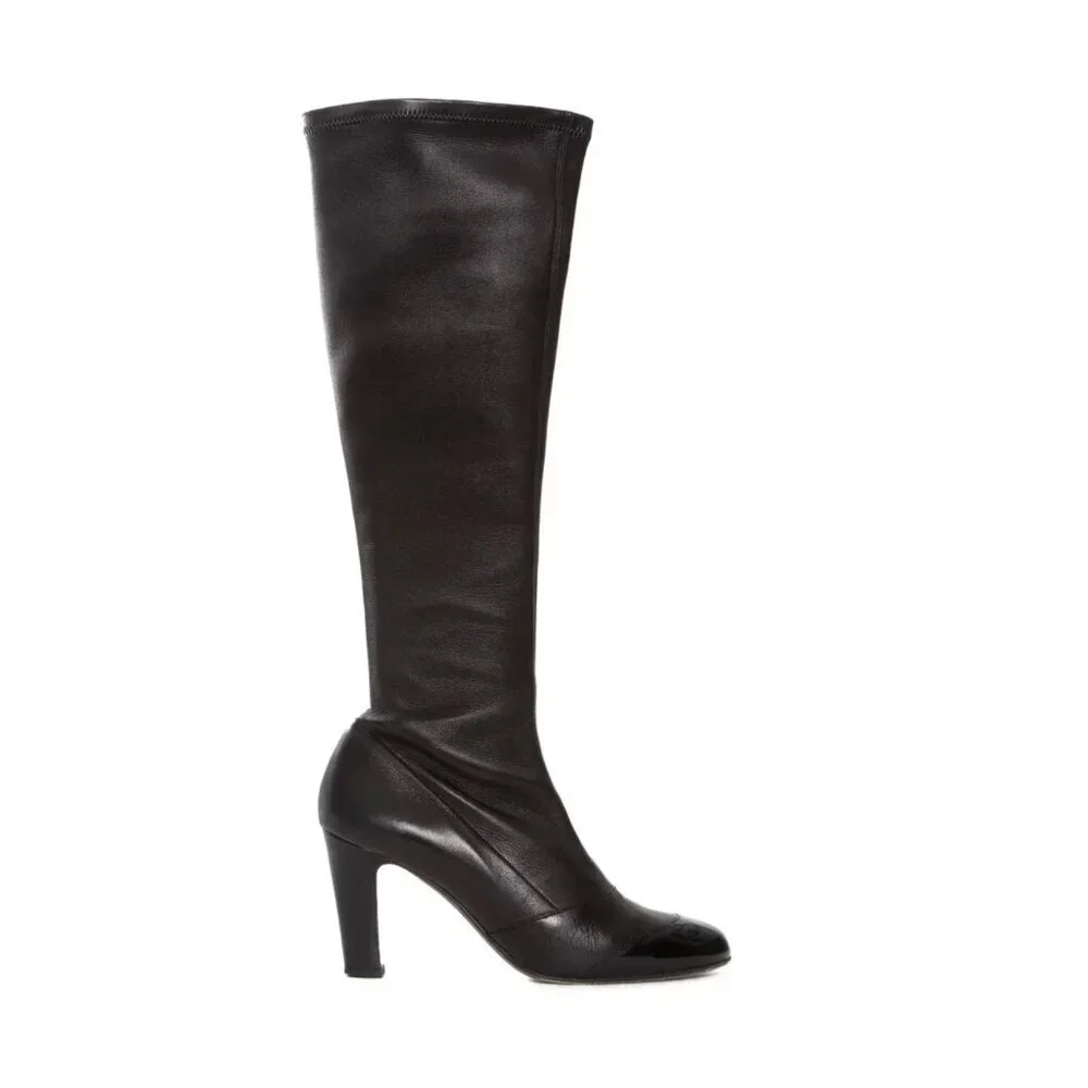 Chanel Heeled Boots Lambskin Tall Boots Cap Round Toe Patent Leather Black EU 38